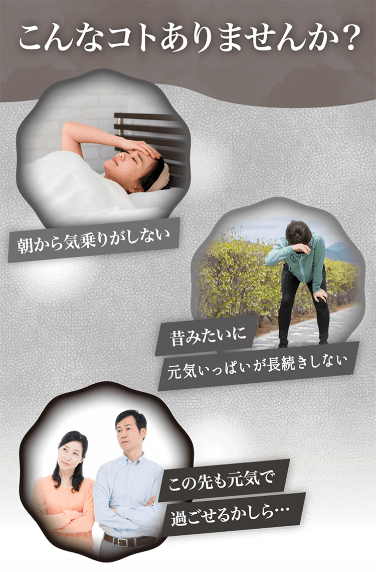 こんなコトありませんか？朝から気乗りがしない昔みたいに元気いっぱい動けない…この先も元気で過ごせるかしら…